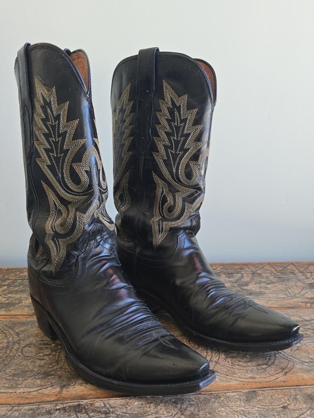 Lucchese Black Leather Western Boots with Gold/Yellow Stitching